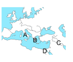 Which letter on the map is the location of Greece?