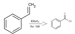 What is the product when ethenylbenzene is treated with KMnO4 and aq. NaOH?